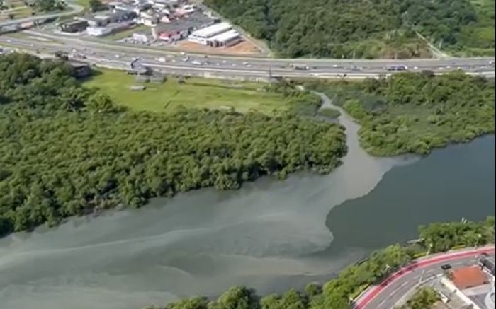 Vídeo feito neste mês mostra poluição vindo de braço do rio que recebe os resíduos da ETE (Foto: Reprodução)