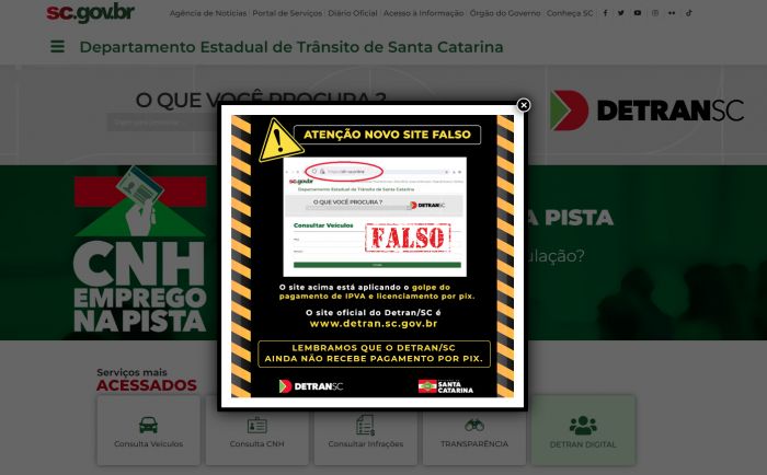 Detran/SC tem aviso no site sobre os golpes aplicados contra os motoristas
(Foto: Reprodução)