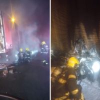 Incêndio destrói caminhão de carga na BR 101 em Balneário Camboriú