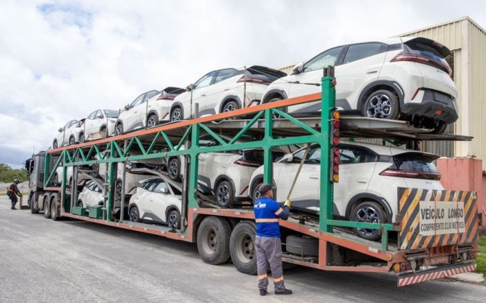 Sete cegonhas transportam o primeiro carregamento de elétricos produzidos no Brasil pela BYD (Foto: Divulgação)