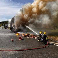 Caminhão com carne pega fogo na praça de pedágio