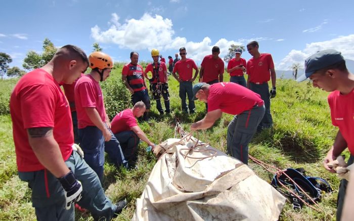 Vaca estava desaparecida há dois dias e não resistiu no final do resgate (Foto: Divulgação/CBMSC)