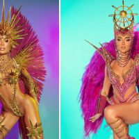 Tati Barbieri desfila no Salgueiro com fantasia banhada a ouro