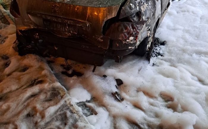 Peugeot 207 foi tomado pelas chamas na marginal da BR 101 (Foto: 13º BBMBC)