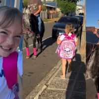 Padrasto busca enteada a cavalo na escola e menina vibra de emoção; veja vídeo