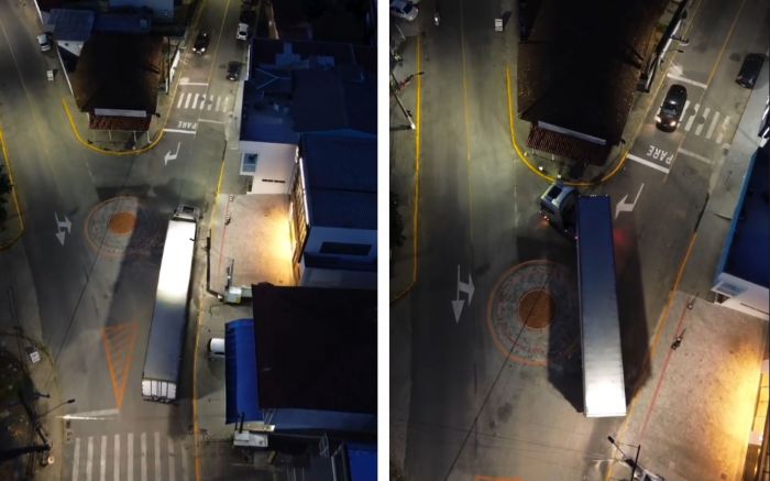 Caminhão dirigido por vereador até tentou, mas não conseguiu dobrar a curva. (Fotos: Reprodução).