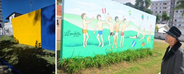Obra que retratava crianças soltando pipa foi coberta com tinta azul e amarela