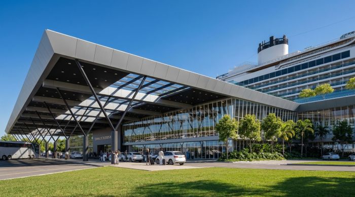 Imagens do futuro complexo foram mostradas no maior evento do mercado mundial de cruzeiros e turismo náutico