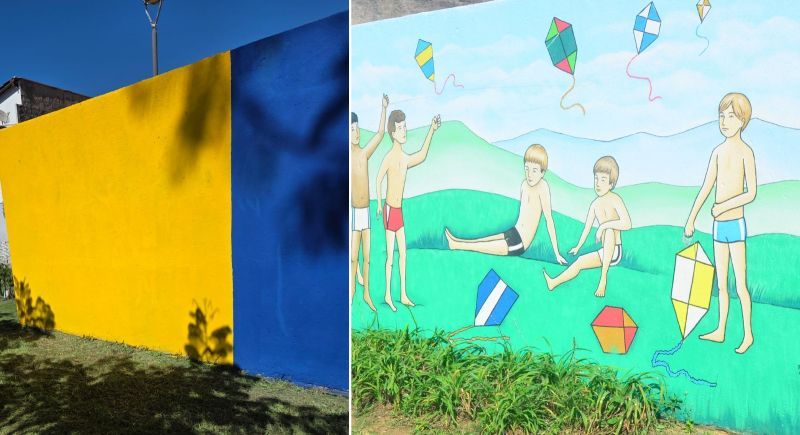 Tinta na obra de arte do saudoso Walter Smykalla causou revolta na city pexêra. Prefeito garantiu que obra será restaurada e secretário de Obras se desculpou (foto: Leitor e Lucio Rilla/Arquivo)